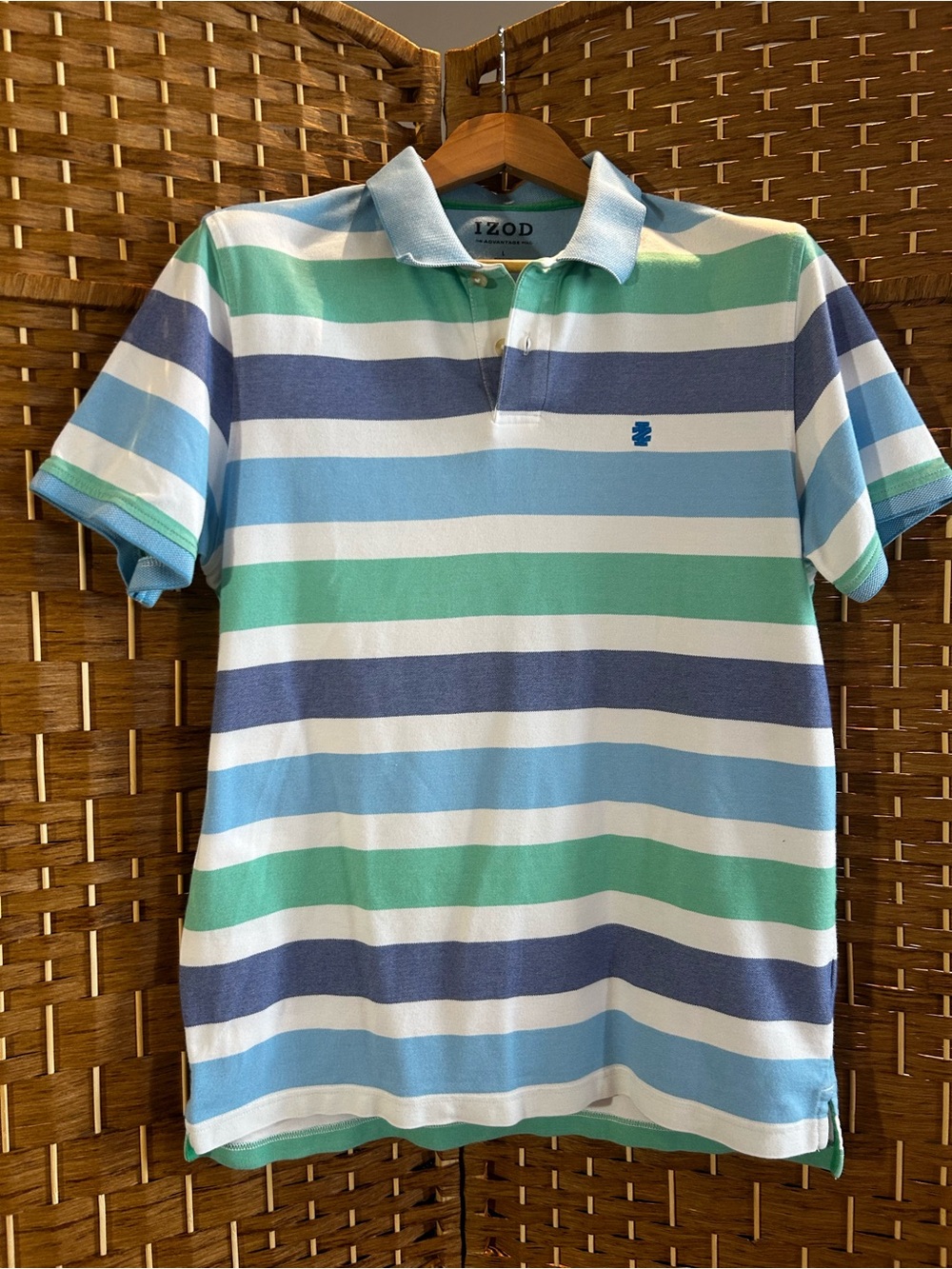 IZOD Advantage Polo Shirt Large Blue Green Striped Cotton Blend Golf Polo